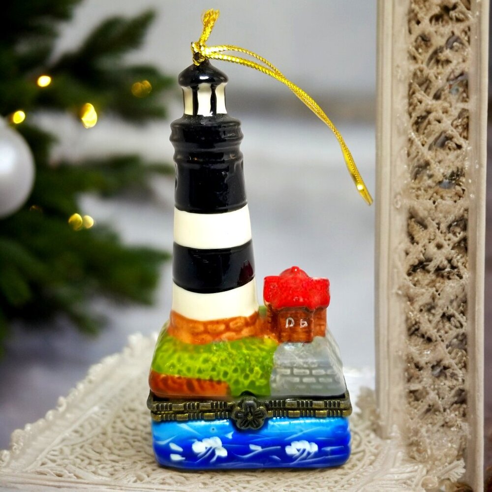 Miniature Lighthouse Trinket Jewelry Box Vintage Hand-Painted Porcelain keepsake